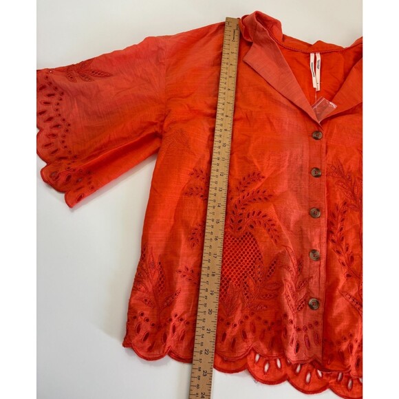 Anthropologie Blouse Top Women Small Orange Pineapple Eyelet Button Up Oversized - Picture 9 of 9
